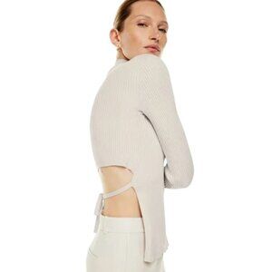 Babaton Sculpt Knit Tie‎ Back Mock Turtleneck Women’s S White Long Sleeve Top